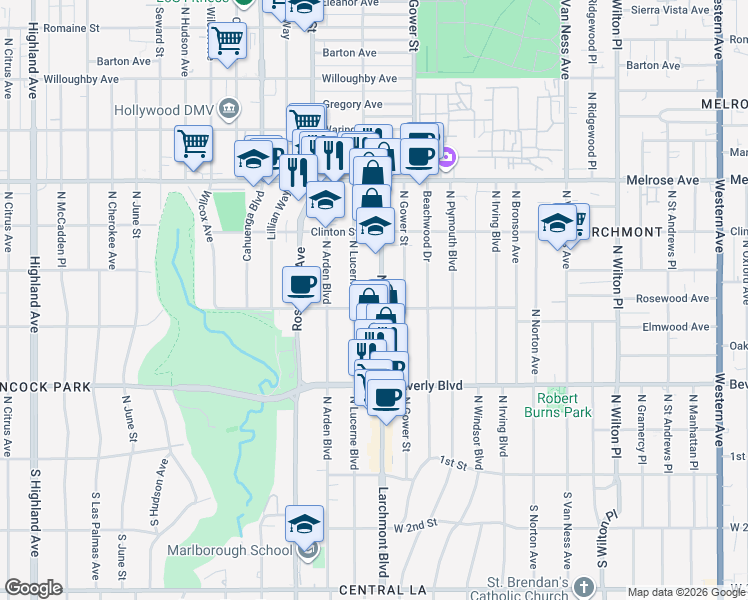 map of restaurants, bars, coffee shops, grocery stores, and more near 530 North Lucerne Boulevard in Los Angeles