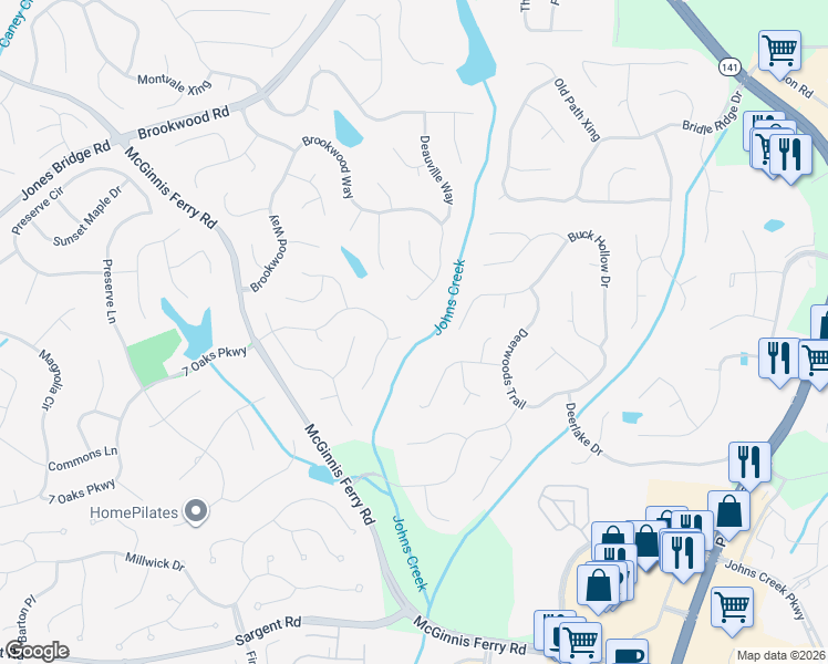 map of restaurants, bars, coffee shops, grocery stores, and more near 7345 Treyland Court in Cumming