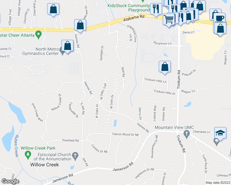 map of restaurants, bars, coffee shops, grocery stores, and more near 606 West Oaks Drive in Woodstock