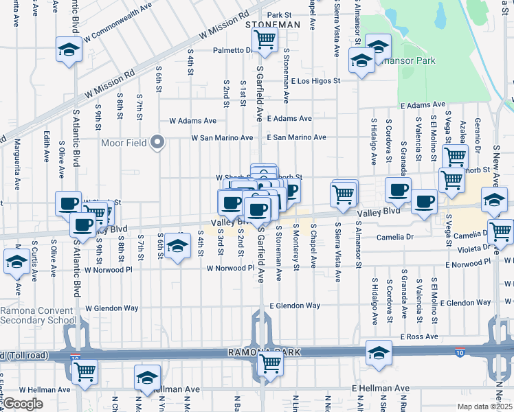 map of restaurants, bars, coffee shops, grocery stores, and more near 1217 South Garfield Avenue in Alhambra