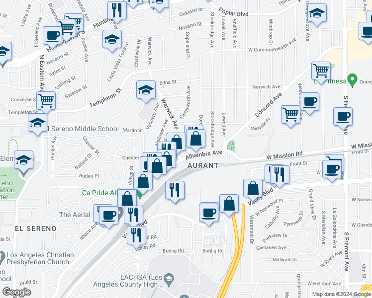 map of restaurants, bars, coffee shops, grocery stores, and more near 2913 Covina Street in Los Angeles