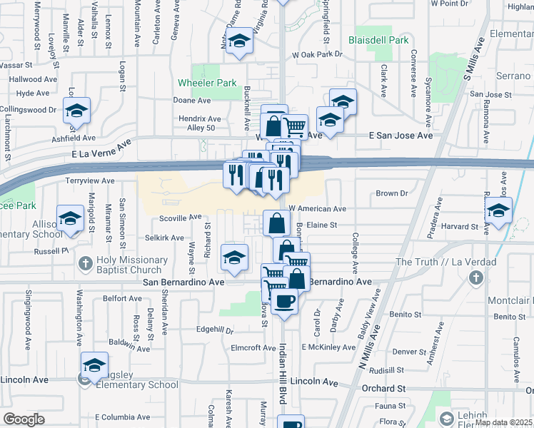 map of restaurants, bars, coffee shops, grocery stores, and more near 1561 Ledgestone Lane in Pomona