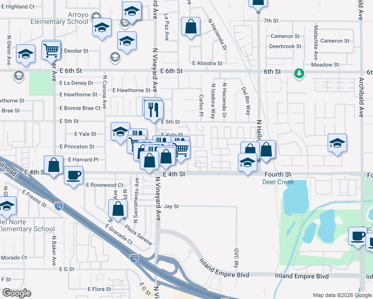 map of restaurants, bars, coffee shops, grocery stores, and more near 2035 East Harvard Privado in Ontario