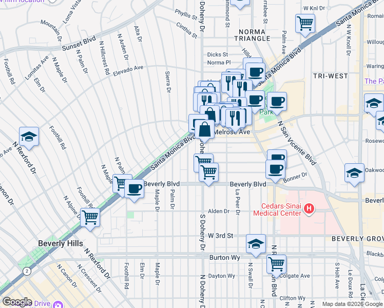 map of restaurants, bars, coffee shops, grocery stores, and more near 450 North Oakhurst Drive in Beverly Hills