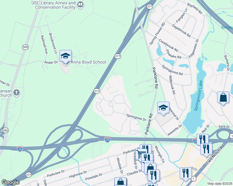 map of restaurants, bars, coffee shops, grocery stores, and more near 100 Brighton Hill Road in Columbia