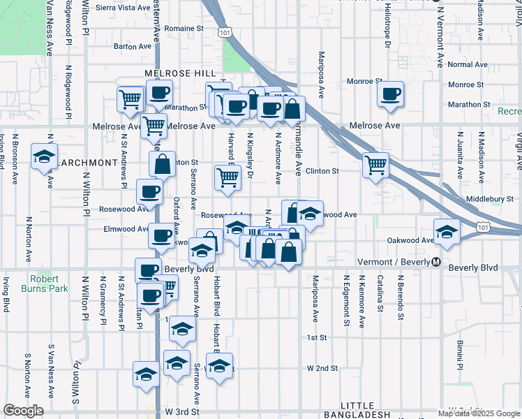 map of restaurants, bars, coffee shops, grocery stores, and more near 4513 Rosewood Avenue in Los Angeles