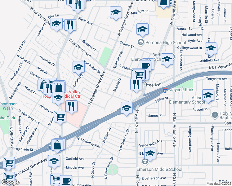 map of restaurants, bars, coffee shops, grocery stores, and more near 1936 Royalty Drive in Pomona