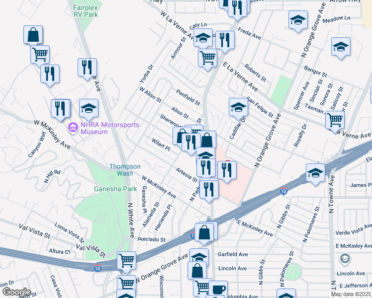 map of restaurants, bars, coffee shops, grocery stores, and more near 180 West Willow Street in Pomona