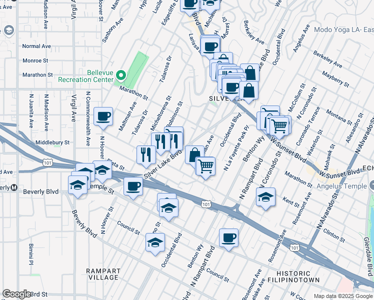map of restaurants, bars, coffee shops, grocery stores, and more near 660 Silver Lake Boulevard in Los Angeles