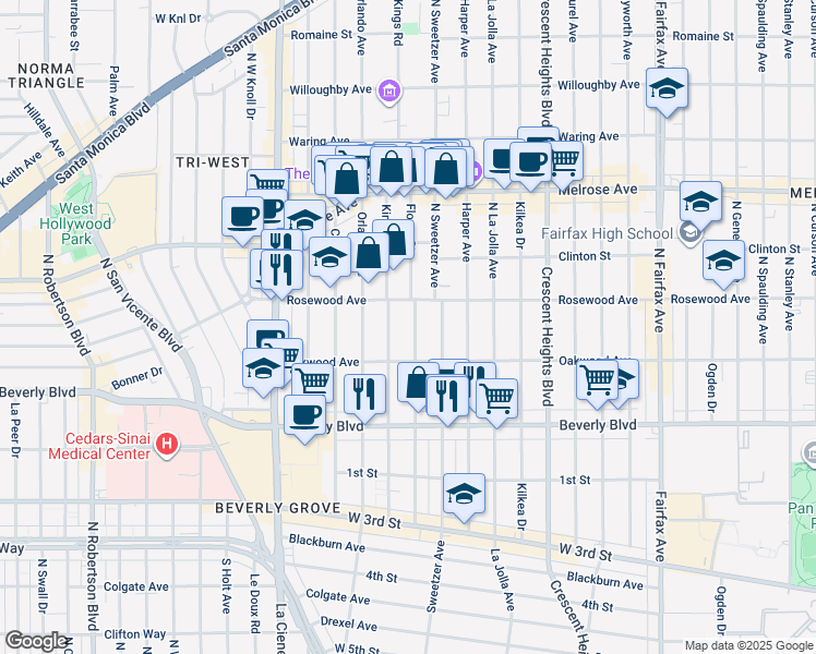 map of restaurants, bars, coffee shops, grocery stores, and more near 468 North Flores Street in Los Angeles