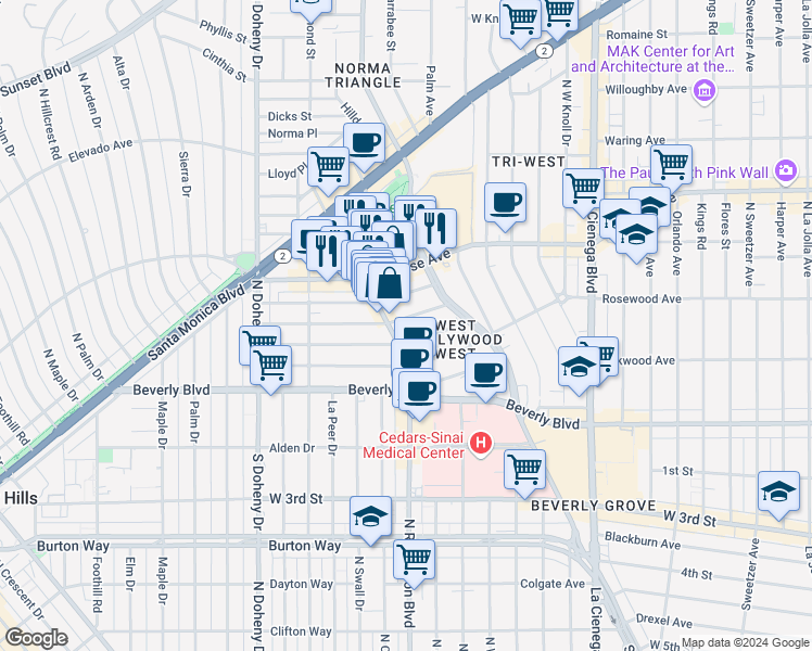 map of restaurants, bars, coffee shops, grocery stores, and more near 8752 Dorrington Avenue in West Hollywood