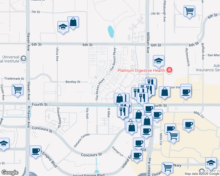 map of restaurants, bars, coffee shops, grocery stores, and more near 11016 Deckhouse Drive in Rancho Cucamonga
