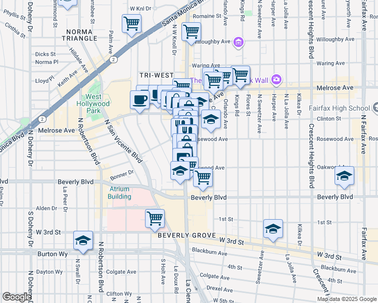 map of restaurants, bars, coffee shops, grocery stores, and more near 463 North La Cienega Boulevard in Los Angeles