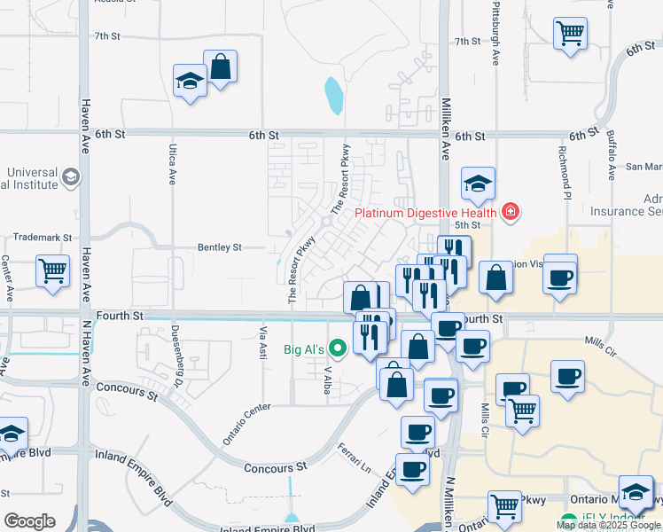 map of restaurants, bars, coffee shops, grocery stores, and more near 11063 Wander Dr in Rancho Cucamonga