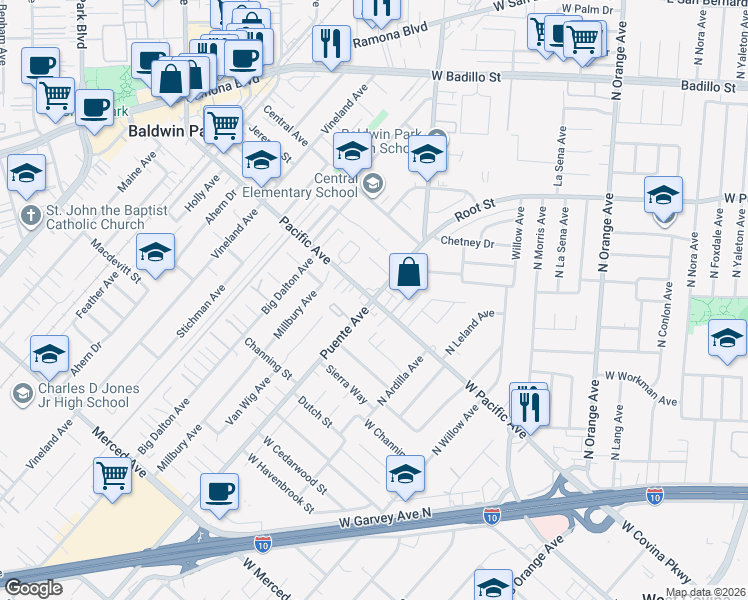 map of restaurants, bars, coffee shops, grocery stores, and more near Puente Ave & Pacific Ave in Baldwin Park