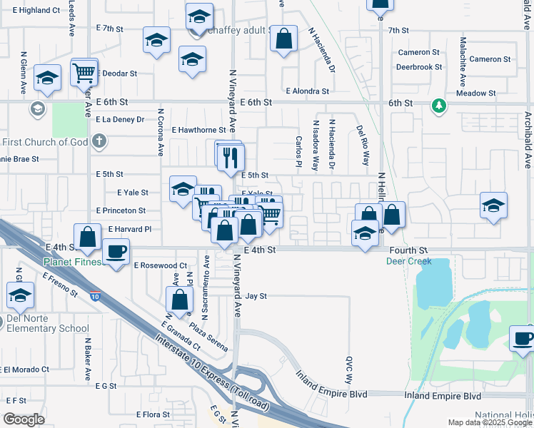 map of restaurants, bars, coffee shops, grocery stores, and more near 1995 East Harvard Privado in Ontario