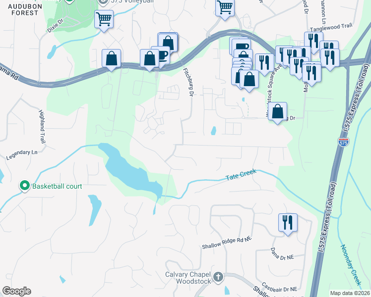 map of restaurants, bars, coffee shops, grocery stores, and more near 324 London Dale in Woodstock