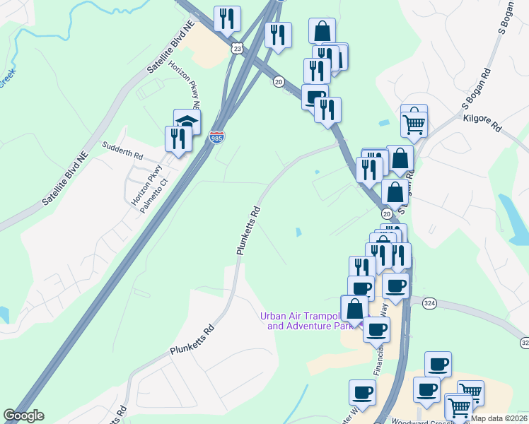 map of restaurants, bars, coffee shops, grocery stores, and more near 1741 Plunketts Road in Buford