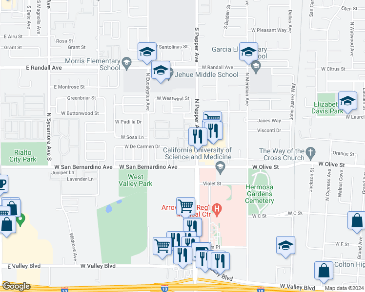 map of restaurants, bars, coffee shops, grocery stores, and more near 1713 Express Circle in Colton