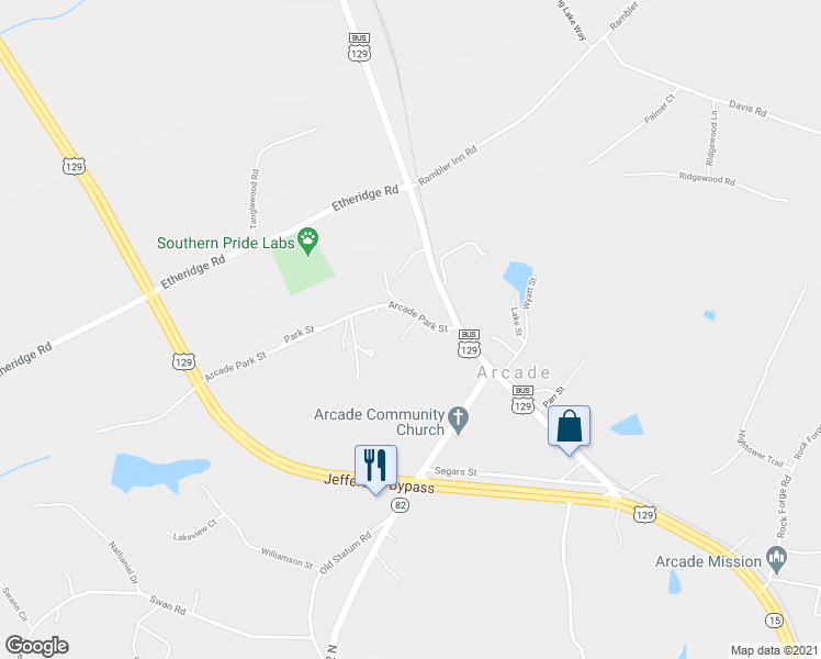 map of restaurants, bars, coffee shops, grocery stores, and more near 59 Oak Park Drive in Arcade