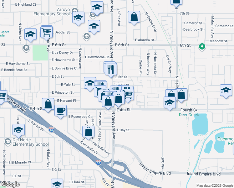 map of restaurants, bars, coffee shops, grocery stores, and more near 1904 East Yale Street in Ontario