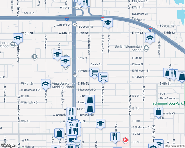 map of restaurants, bars, coffee shops, grocery stores, and more near 311 East Princeton Street in Ontario