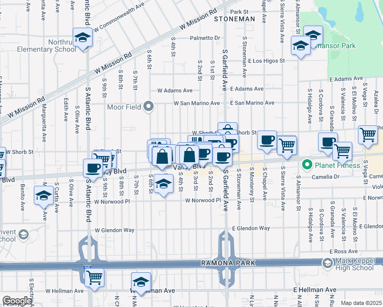 map of restaurants, bars, coffee shops, grocery stores, and more near 1216 South 4th Street in Alhambra