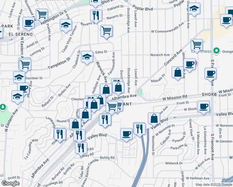 map of restaurants, bars, coffee shops, grocery stores, and more near 2943 Covina Street in Los Angeles