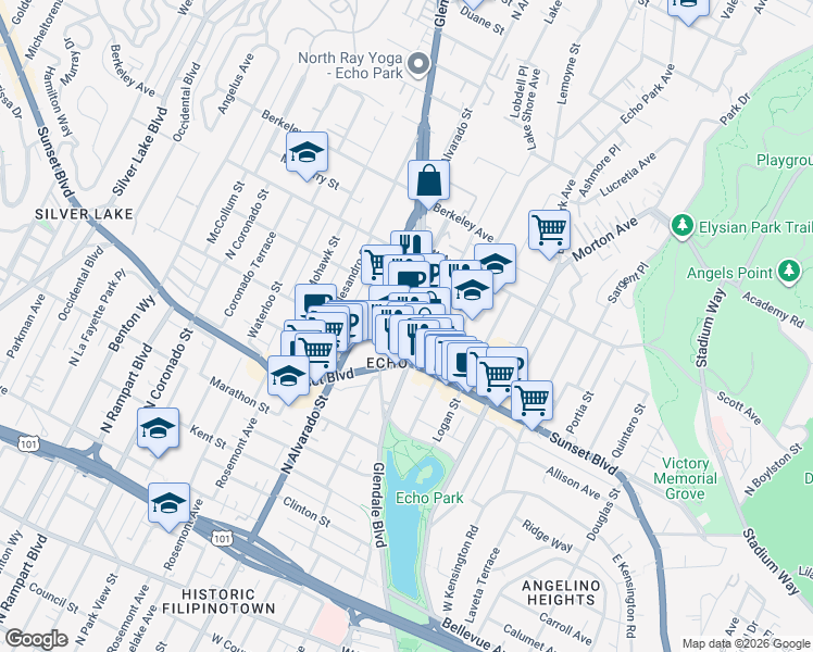 map of restaurants, bars, coffee shops, grocery stores, and more near 1412 North Glendale Boulevard in Los Angeles