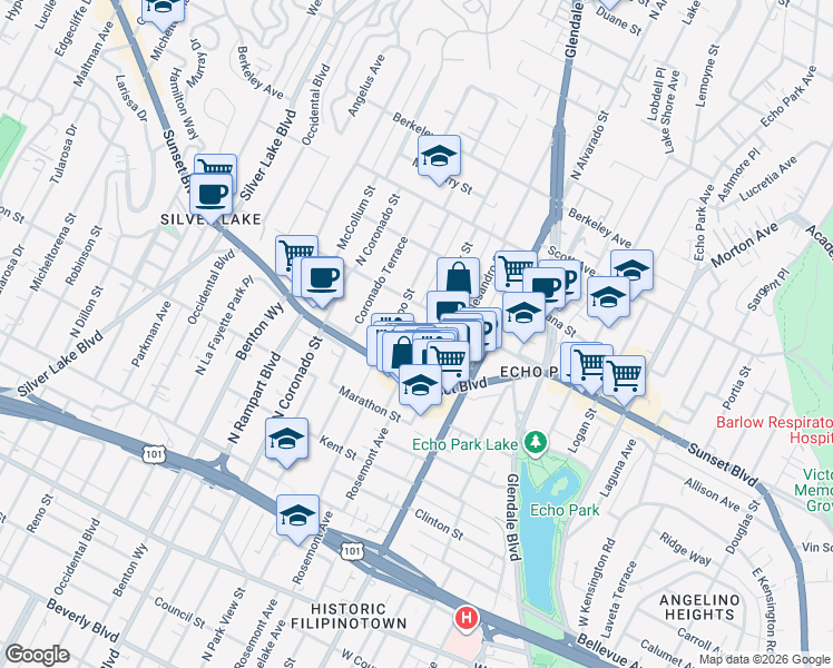 map of restaurants, bars, coffee shops, grocery stores, and more near 1216 Waterloo Street in Los Angeles