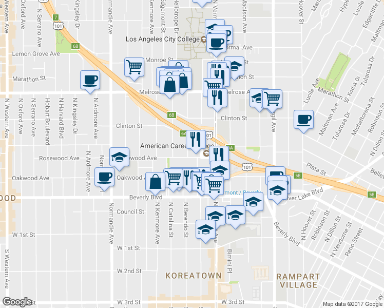 map of restaurants, bars, coffee shops, grocery stores, and more near 517 North New Hampshire Avenue in Los Angeles