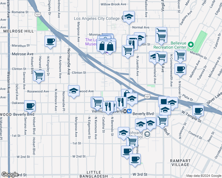 map of restaurants, bars, coffee shops, grocery stores, and more near 533 North Berendo Street in Los Angeles