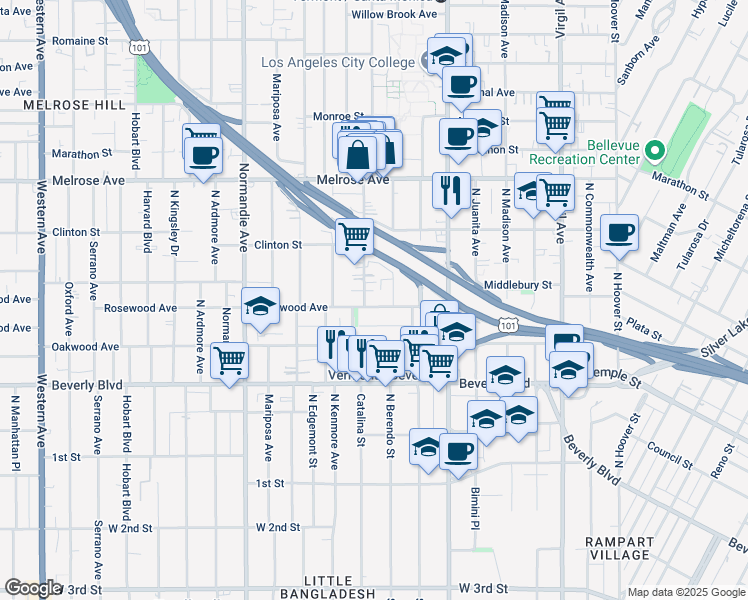 map of restaurants, bars, coffee shops, grocery stores, and more near 533 North Berendo Street in Los Angeles