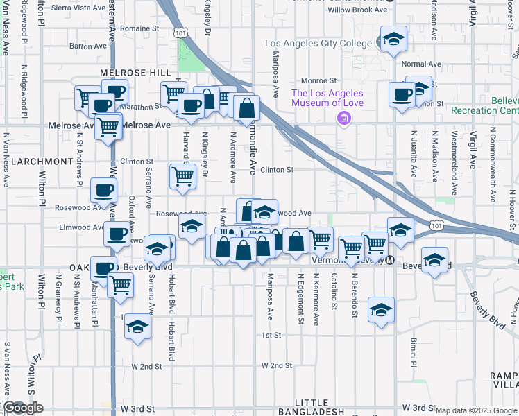 map of restaurants, bars, coffee shops, grocery stores, and more near 505 North Normandie Avenue in Los Angeles