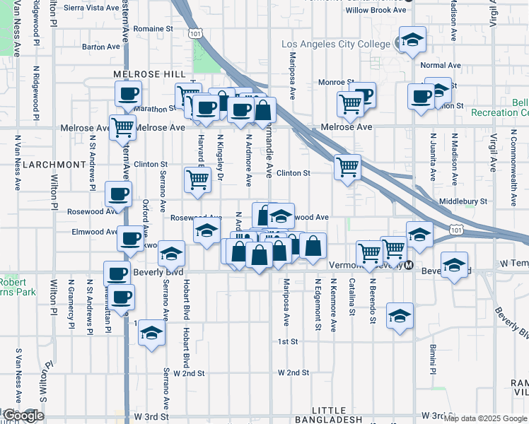 map of restaurants, bars, coffee shops, grocery stores, and more near 505 North Normandie Avenue in Los Angeles