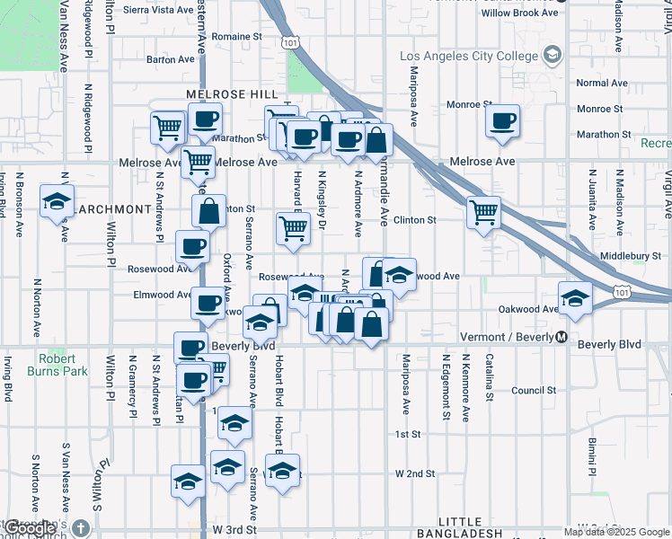 map of restaurants, bars, coffee shops, grocery stores, and more near 502 North Kingsley Drive in Los Angeles