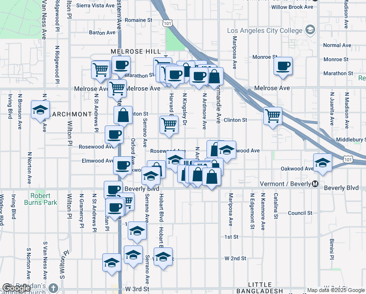 map of restaurants, bars, coffee shops, grocery stores, and more near 502 North Kingsley Drive in Los Angeles
