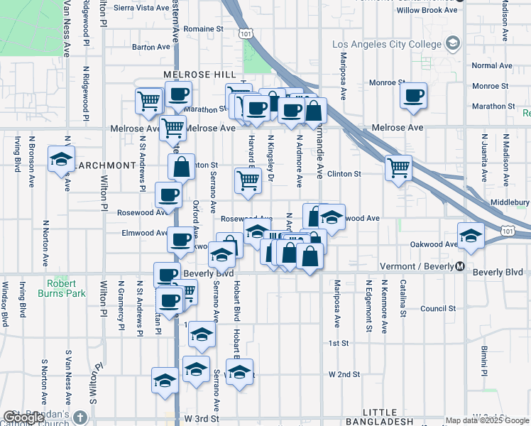 map of restaurants, bars, coffee shops, grocery stores, and more near 502 North Kingsley Drive in Los Angeles