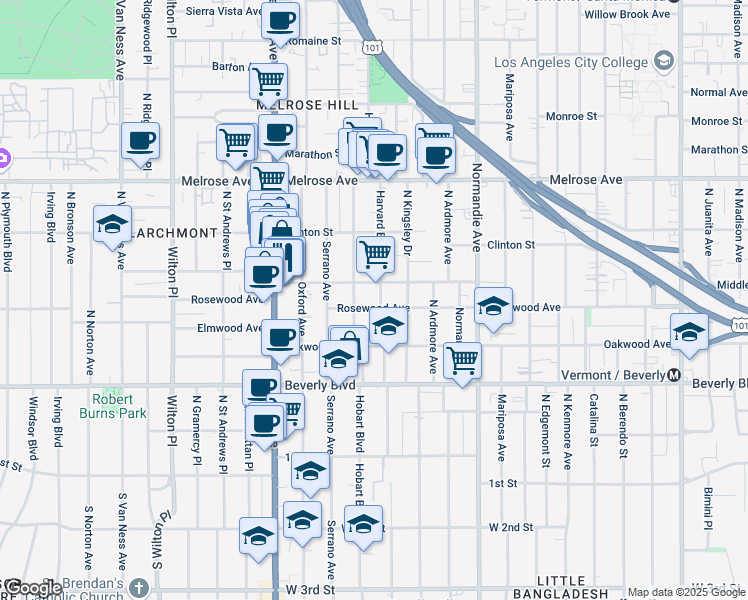 map of restaurants, bars, coffee shops, grocery stores, and more near 4607 West Maplewood Avenue in Los Angeles