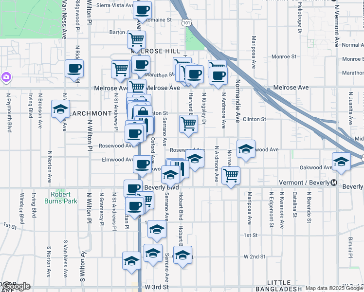 map of restaurants, bars, coffee shops, grocery stores, and more near 4607 West Maplewood Avenue in Los Angeles