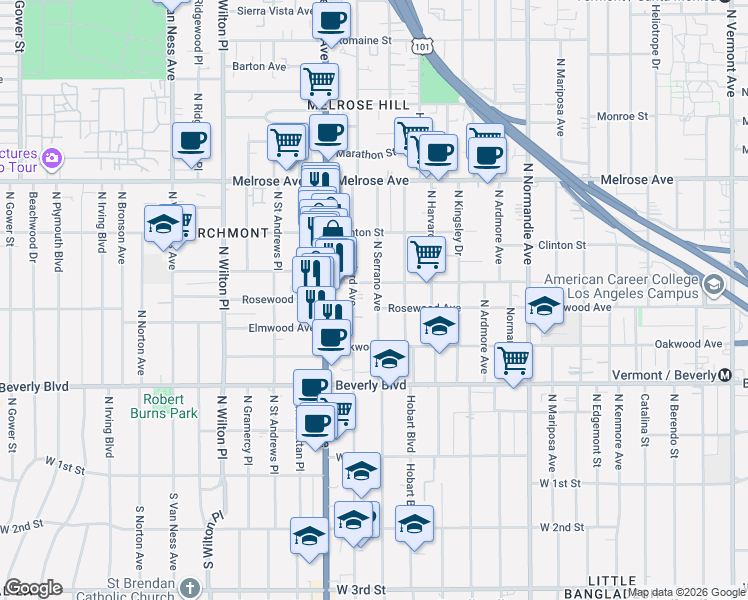 map of restaurants, bars, coffee shops, grocery stores, and more near 502 North Serrano Avenue in Los Angeles