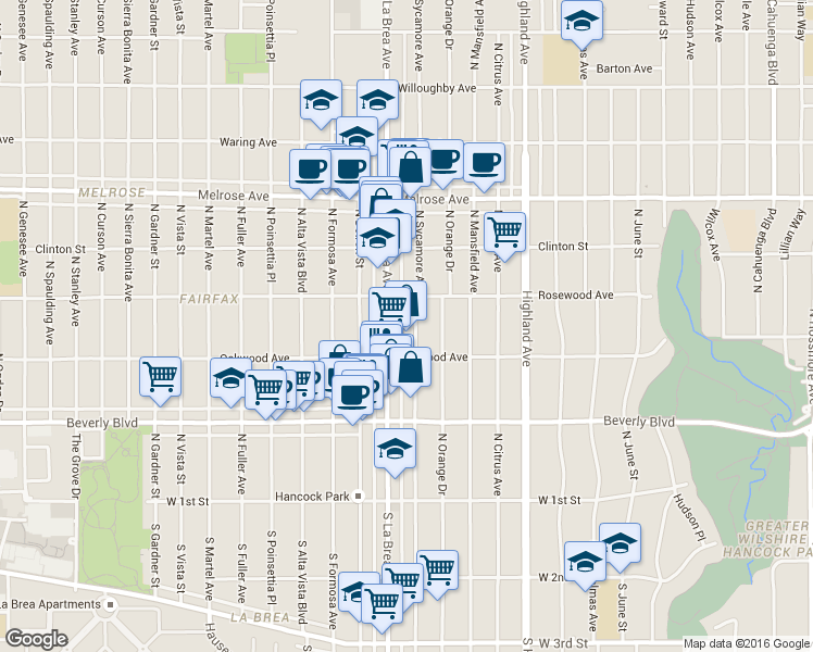 map of restaurants, bars, coffee shops, grocery stores, and more near in Los Angeles