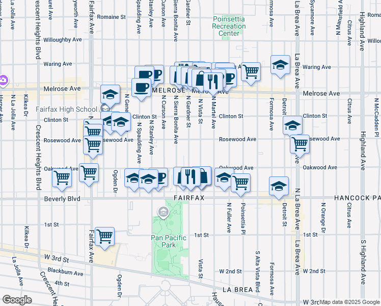 map of restaurants, bars, coffee shops, grocery stores, and more near 466 1/2 North Gardner Street in Los Angeles