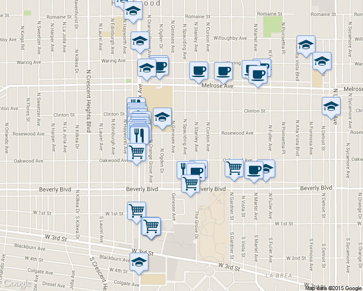 map of restaurants, bars, coffee shops, grocery stores, and more near 461 North Spaulding Avenue in Los Angeles