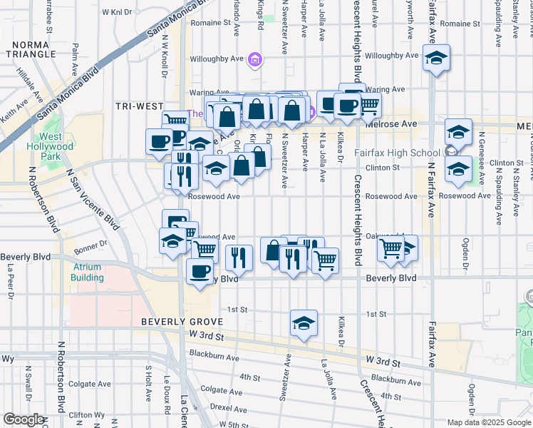 map of restaurants, bars, coffee shops, grocery stores, and more near 468 North Flores Street in Los Angeles