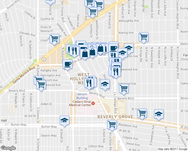 map of restaurants, bars, coffee shops, grocery stores, and more near 502 Huntley Drive in West Hollywood