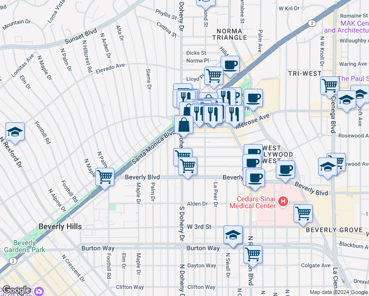 map of restaurants, bars, coffee shops, grocery stores, and more near 428 South Doheny Drive in Beverly Hills