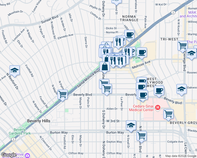 map of restaurants, bars, coffee shops, grocery stores, and more near 458 North Oakhurst Drive in Beverly Hills