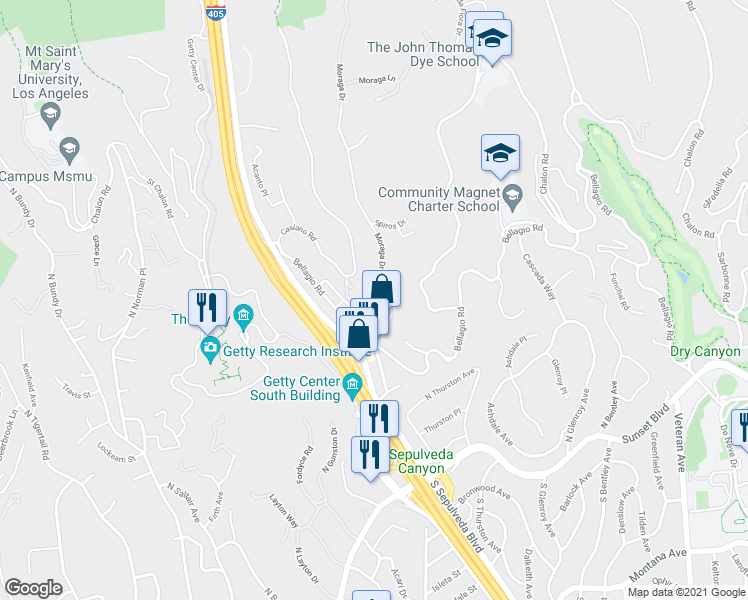 map of restaurants, bars, coffee shops, grocery stores, and more near 891 Moraga Drive in Los Angeles