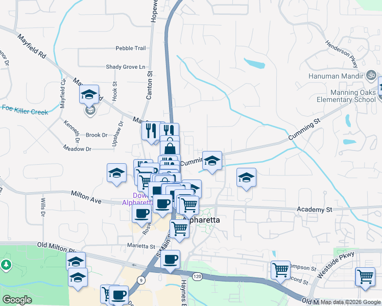 map of restaurants, bars, coffee shops, grocery stores, and more near 160 Manning Drive in Alpharetta